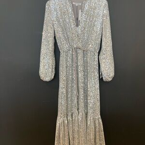Emerson Fry Silver Long Sleeve Sequin Dress